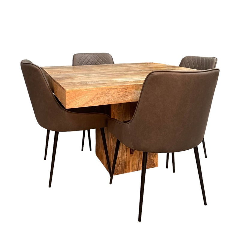 Light Mango Wood 120cm Cube Dining Table & 4 Henley Faux Leather Dining Chairs