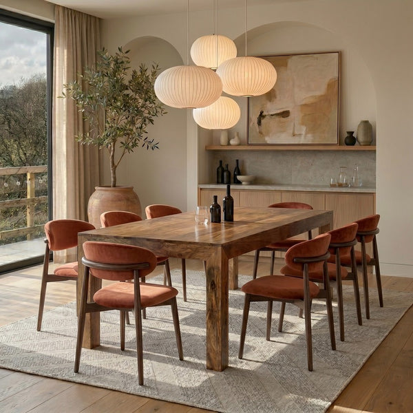 Light Dakota 220cm Mango Wood Dining Table & 8 Scandi Rust-Orange Velvet Oak Dining Chair - In Stock