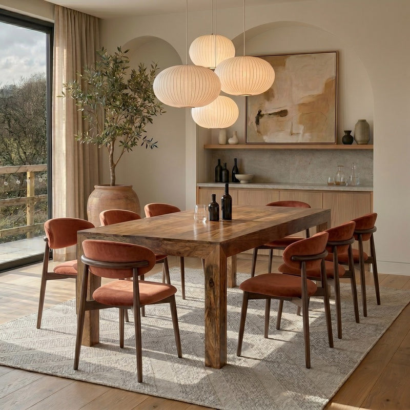 Light Dakota 220cm Mango Wood Dining Table & 8 Scandi Rust-Orange Velvet Oak Dining Chair - In Stock