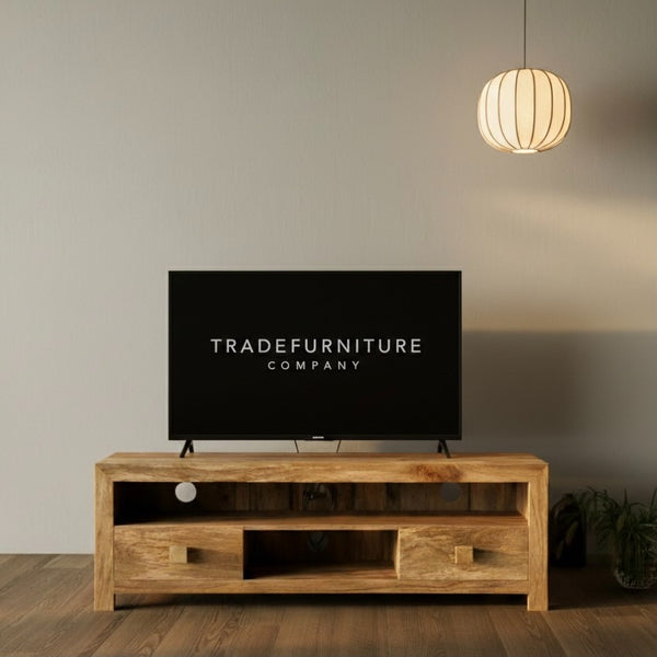 Light Dakota Mango Wood 145cm 2 Drawer Media Unit - Due 29th August
