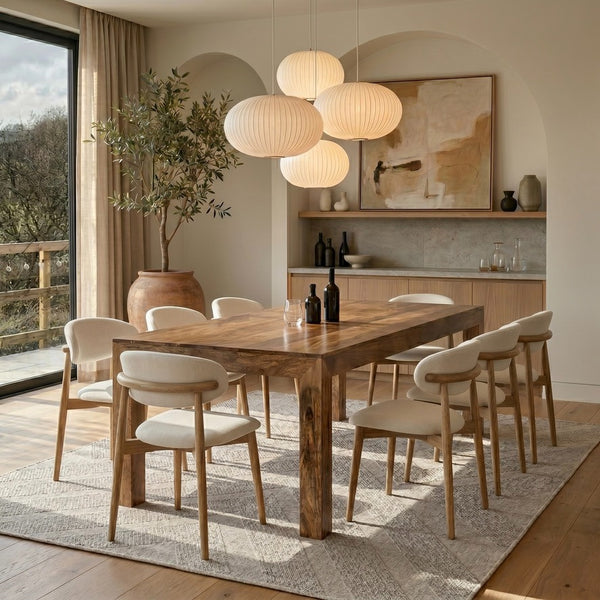 Light Dakota 220cm Mango Wood Dining Table & 8 Scandi Cream Boucle Oak Dining Chair - In Stock