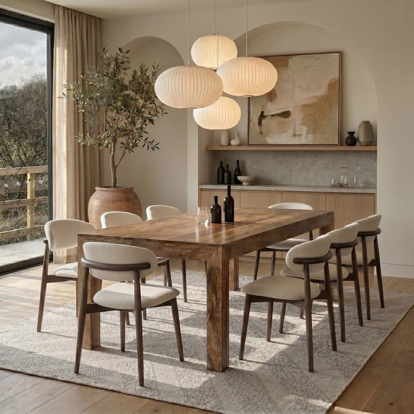 Light Dakota 220cm Mango Wood Dining Table & 8 Scandi Cream Boucle Oak Dining Chair - In Stock