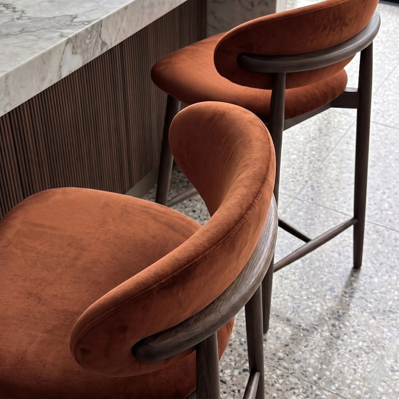 Scandi Rust-Orange Velvet Oak Bar Stool - Dark Leg - Due 26th September