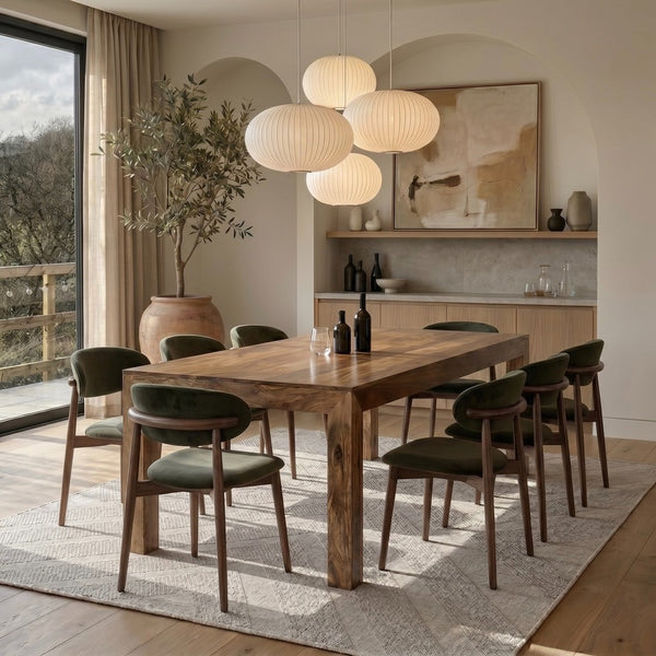 Light Dakota 220cm Mango Wood Dining Table & 8 Scandi Green Velvet Oak Dining Chair - In Stock