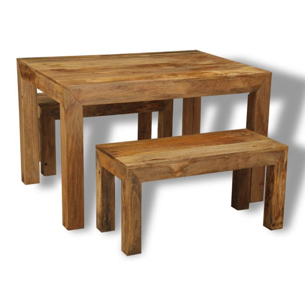 Light Mango Wood 120cm Cube Dining Table & 2 Light Mango Wood Benches
