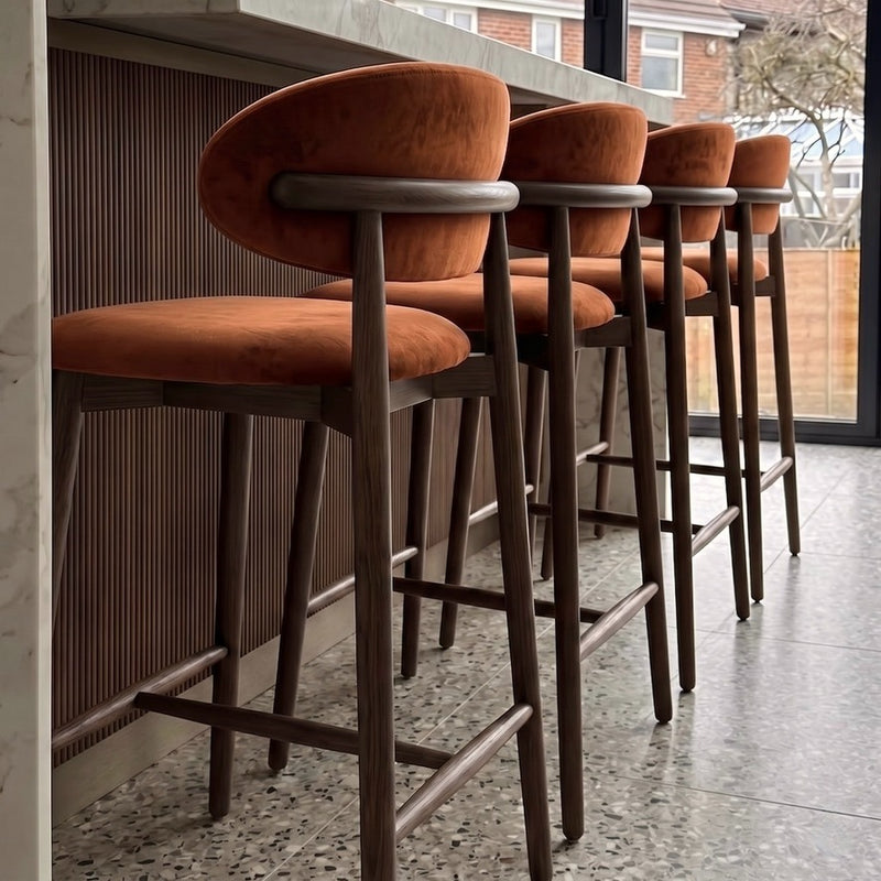 Scandi Rust-Orange Velvet Oak Bar Stool - Dark Leg - Due 26th September
