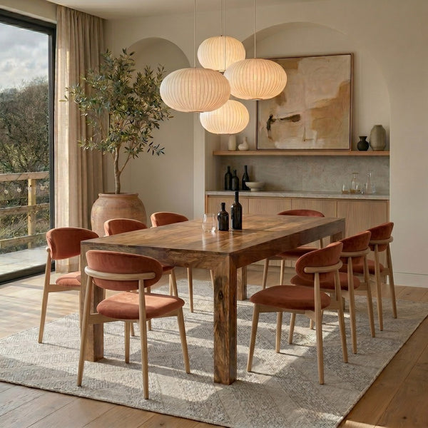 Light Dakota 220cm Mango Wood Dining Table & 8 Scandi Rust-Orange Velvet Oak Dining Chair - In Stock