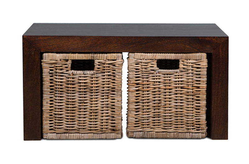 Small Open Mango Wood Coffee Table with Rattan Wicker Baskets