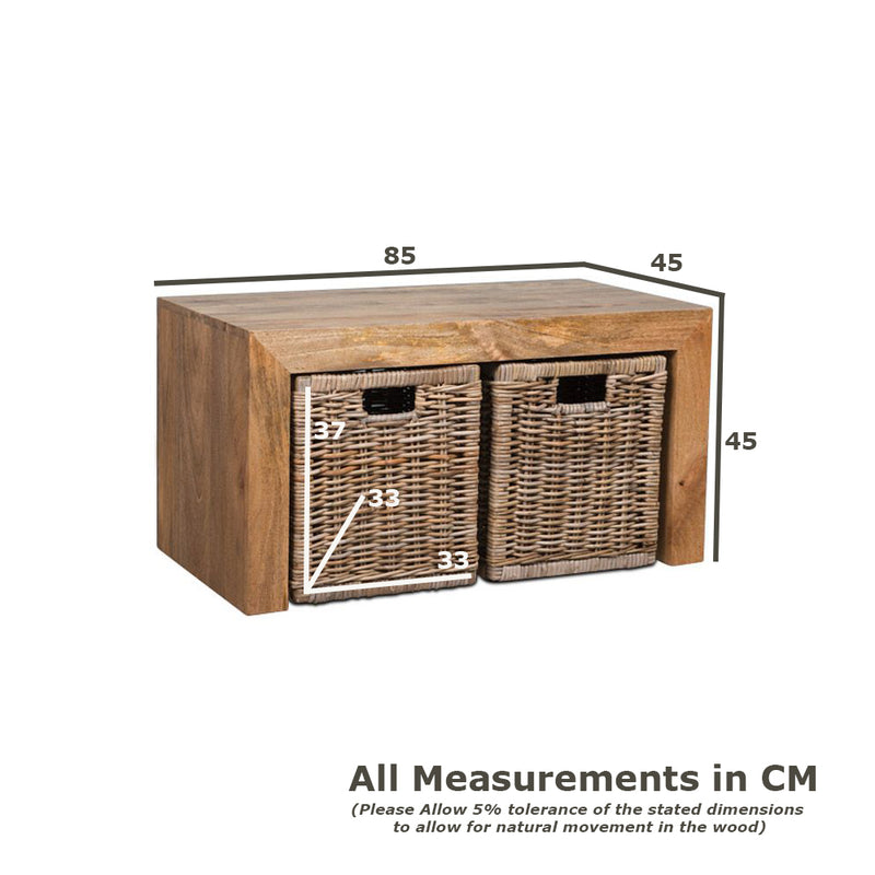 Small Open Mango Wood Coffee Table with Rattan Wicker Baskets