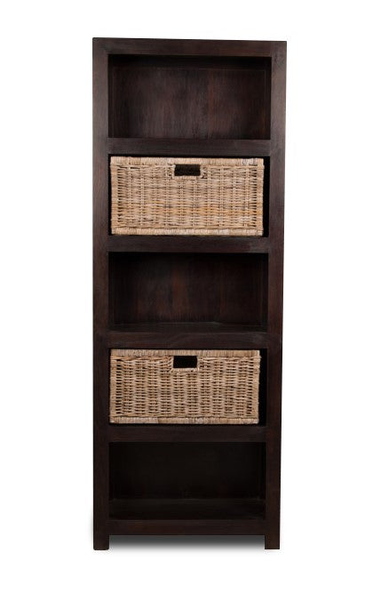 Mango Wood Bookcase with Rattan Wicker Baskets