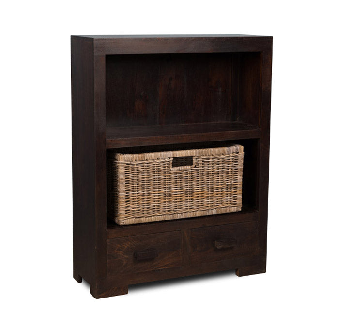 Mango Wood Small Bookcase with Rattan Wicker Basket