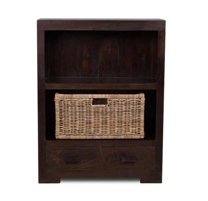 Mango Wood Small Bookcase with Rattan Wicker Basket