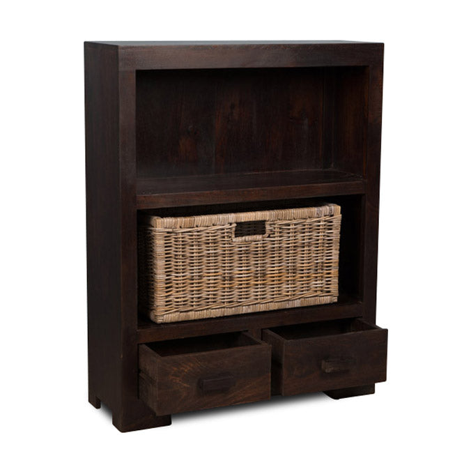 Mango Wood Small Bookcase with Rattan Wicker Basket