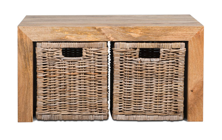 Light Small Open Mango Wood Coffee Table and Rattan Baskets