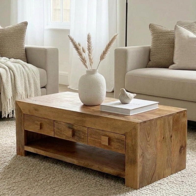Light Dakota Mango Wood 110cm 6 Drawer Coffee Table