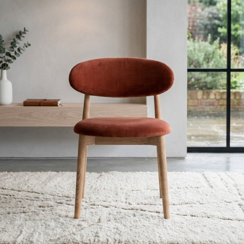 Scandi Orange Rust Velvet Oak Dining Chair - Light Leg