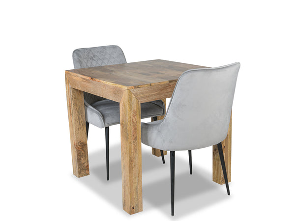 Light Mango Wood 80cm Dining Table & 2 Henley Velvet Chairs
