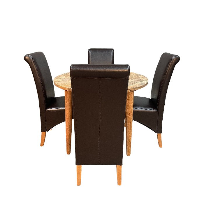 Light Vintage Mango 100cm Round Dining Table & 4 Leather Rollback Dining Chairs